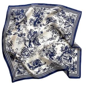 Blue and white silk Toile de Jouy square scarf featuring forest and animal patterns