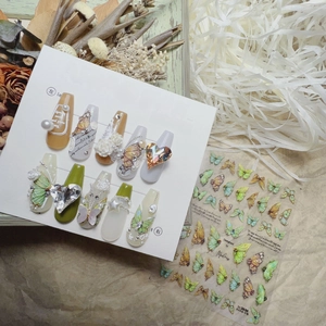 Japanese retro green butterfly embossed nail art stickers with vintage floral nail charms