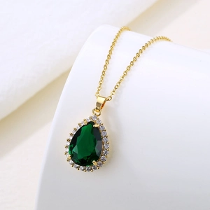 Water Drop Green Zircon Pendant Necklace Stainless Steel Gold Plated Emerald Pear Shape Clavicle Chain For Women