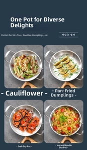 Detailed views of multi-functional stainless steel flat pan used for diverse cooking scenes