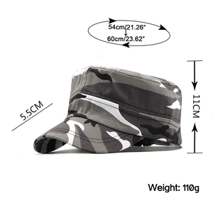 Flat top camouflage military cap for men with adjustable strap and durable grey canvas