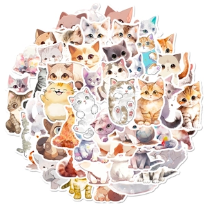 50 pieces of pastel watercolor cat stickers featuring cute cartoon ink kitten designs
