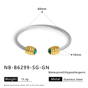 Detailed specs of stainless steel cable cuff bracelet with green stone and gold accents