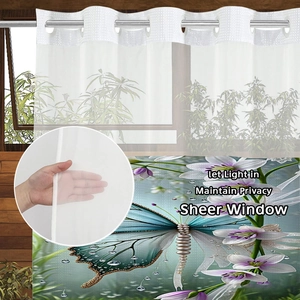Waterproof double-layer shower curtain with digital butterfly print and sheer top window