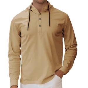 Men's khaki slim fit long sleeve hooded shirt with black drawstrings and button placket