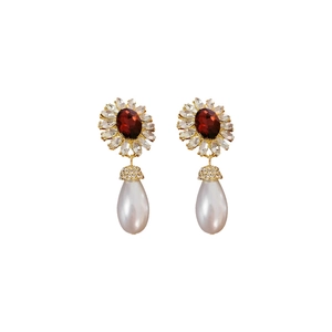 Vintage gold flower earrings with red gemstone and white teardrop pearl drop