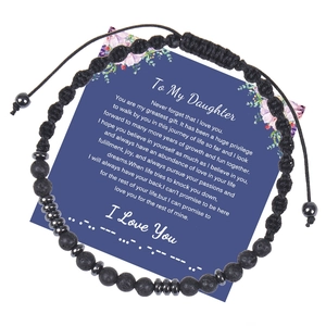 Bracelet Code Morse Perles Pierre De Lave Corde Tressée Ajustable Bijoux Faits Main Cadeau Pour Famille Avec Carte