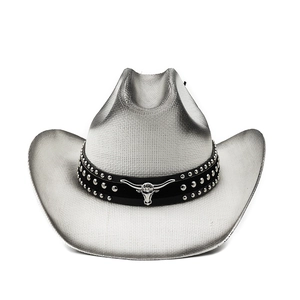 Close-up of leather hatband with silver rivets and bull head metal detail on straw hat