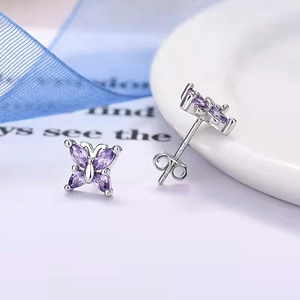 Elegant S925 silver butterfly stud earrings with purple marquise stones and zircon