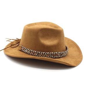 Detail of camel suede cowboy hat with colorful woven band and leather tassel accents