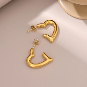 Elegant 18K gold plated heart stud earrings in minimalist polished stainless steel