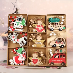 Christmas Hanging Ornaments Wooden Handcrafted Cartoon Santa Reindeer Snowman Angel Car Holiday Tree Decor