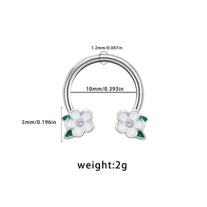 Surgical steel horseshoe nose ring with white camellia flowers and green leaves decoration