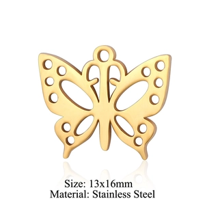Golden butterfly pendant in stainless steel for DIY jewelry, size 13x16mm, front view