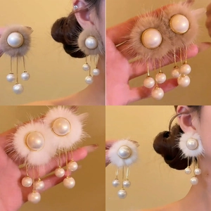 Boucles D Oreilles À Gland En Boule De Poils Et Fausses Künstliche Perles Avec Tige En Argent Pour Femme Style Hiver Alliage