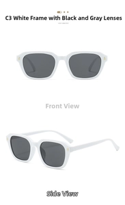 Detail of white square sunglasses with dark lenses and gold decorative temple hinges
