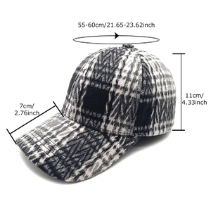 Plaid wool baseball cap for men and women with size specs 55-60cm head circumference