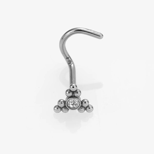 Close-up of a silver nose stud with sparkling clear zircon and mini bead triangular cluster