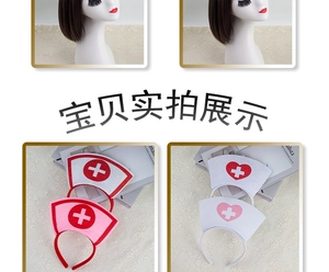 Detail view of colorful nurse headband set with red cross and heart patterns for cosplay