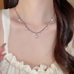 Artificial Pearl Tassel Pendant Necklace With Rhinestone Zircon Elegant French Style Clavicle Chain For Women Jewelry Accessory