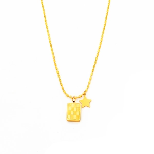 Golden titanium necklace with star and checkered pendants on a sleek beaded chain