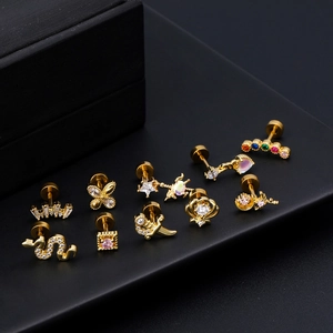 Set of 10 gold-plated flower and butterfly helix ear studs with colorful zircon crystals