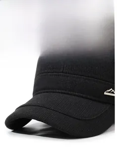 Close-up of winter wool baseball cap with reinforced brim and mountain metal logo