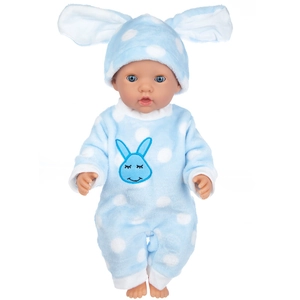 Baby doll wearing blue polka dot onesie and rabbit ear hat on a white background