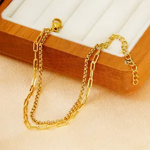 Double-layered 18K gold plated stainless steel paperclip chain bracelet for women