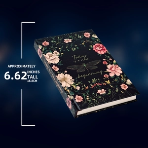 Detail of rose and dragonfly hardcover notebook showing the 6.62-inch height dimension