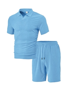 Close-up of sky blue textured vertical stripe fabric and M-size tag on casual polo set
