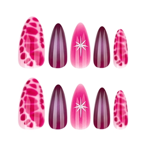 Pink and purple almond press-on nails with leopard print and silver star designs