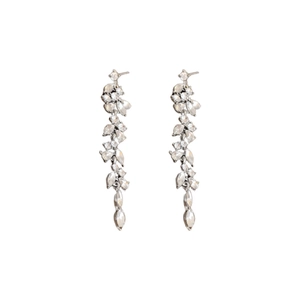 Elegant long tassel leaf earrings with sparkling diamonds in polished silver finish