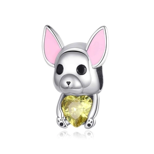 Ciondolo bulldog francese in argento con orecchie rosa e gemma a cuore gialla