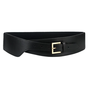 Fashionable black elastic waist belt with a golden metal buckle for women's dresses