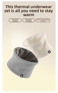 Detailed view of seamless knitted neck warmer with thick thermal lining and round logo patch