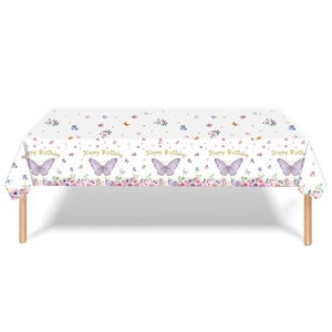 Navy blue Happy Birthday tablecloth with purple butterflies and floral patterns