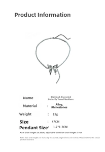 Detailed specs of rhinestone butterfly tassel necklace with dimensions and weight info