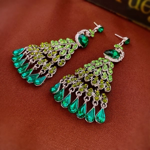 Vintage Peacock Tassel Drop Earrings For Women Green Crystal Rhinestone Alloy With Silver Earring Post