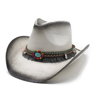 Western straw cowboy hat with gradient gray finish and turquoise beaded ethnic band