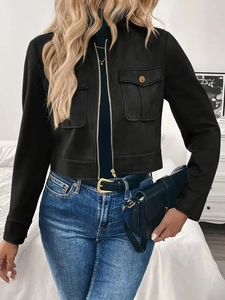Women's vintage black faux suede jacket with gold zipper and stand collar in relaxed fit