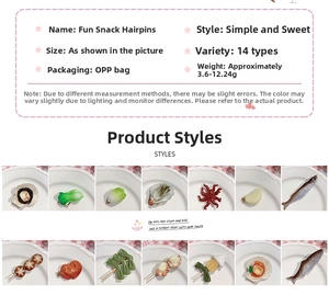 Detailed catalog of funny food hair clips including oysters and vegetables on white plates