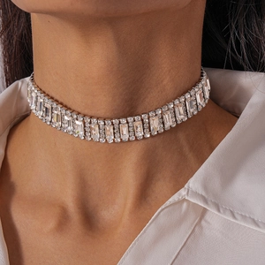 Elegant silver choker necklace with geometric emerald-cut and round crystal rhinestones