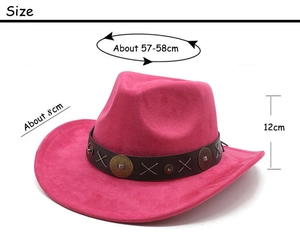 Detail of rose red cowboy hat with leather band and vintage metal studs, size 57-58cm