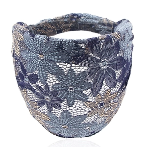 Ethnic wide lace headband with dark blue and gold floral patterns for women