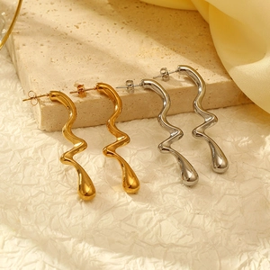 Boucles D'oreilles Ondulées Minimalistes En Acier Inoxydable Goutte D'eau Géométrique Irrégulière Longues Pendantes Femmes