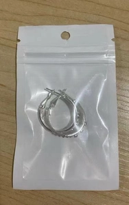Detailed view of silver hoop earrings with inlaid crystals in a clear plastic bag