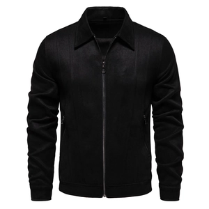 Detailed view of black suede jacket featuring classic lapels and metallic zipper closure