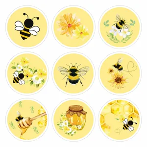 Detailed view of nine watercolor bee and sunflower round sticker designs in a 3x3 grid