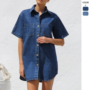 Women Denim Shirt Dress Short Sleeve Lapel Button Down Single Breasted Loose Casual Summer Fashion Mini Jean Dresses